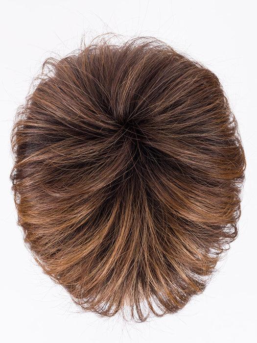 ELAN by ELLEN WILLE in CHOCOLATE ROOTED 830.27.33 | Medium Brown, Light Auburn, Dark Strawberry Blonde, and Dark Auburn blend with Dark Shaded Roots