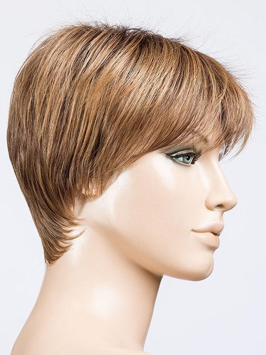 ELAN by ELLEN WILLE in MOCCA ROOTED 9.830.20 | Medium Warm Brown, Medium Brown, Light Auburn, and Light Strawberry Blonde blend with Dark Shaded Roots