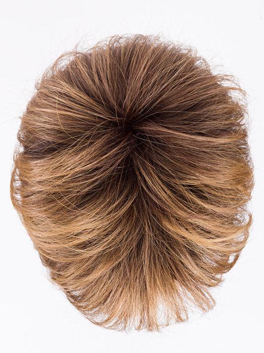 ELAN by ELLEN WILLE in MOCCA ROOTED 9.830.20 | Medium Warm Brown, Medium Brown, Light Auburn, and Light Strawberry Blonde blend with Dark Shaded Roots