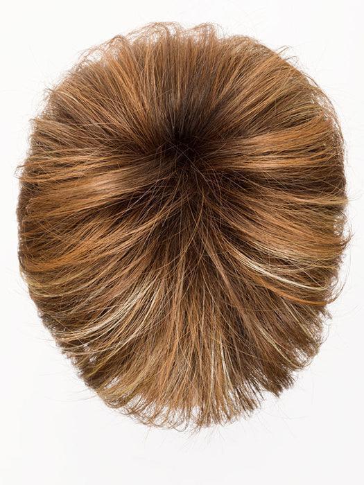 ELAN by ELLEN WILLE in TOBACCO ROOTED 8.27.26 | Medium Brown, Dark Strawberry Blonde, and Light Golden Blonde blend with Dark Shaded Roots