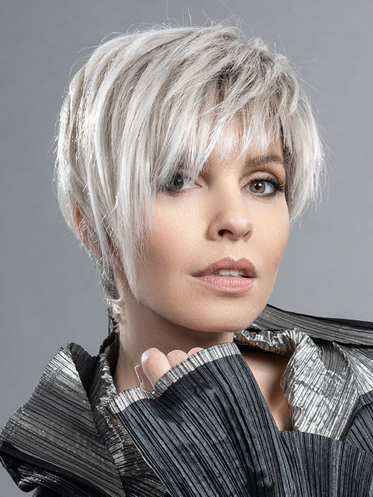 AMAZE MONO PART by ELLEN WILLE in SILVER BLONDE ROOTED 60.23 | Pearl White and Lightest Pale Blonde Blend with Shaded Roots *This style has been cut for photo shoot