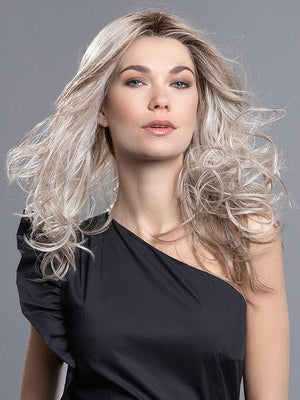 DIVA by ELLEN WILLE in CHAMPAGNE ROOTED 24.14.20 | Lightest Ash Blonde,  Medium Ash Blonde, and Light Strawberry Blonde blend with Dark Shaded Roots