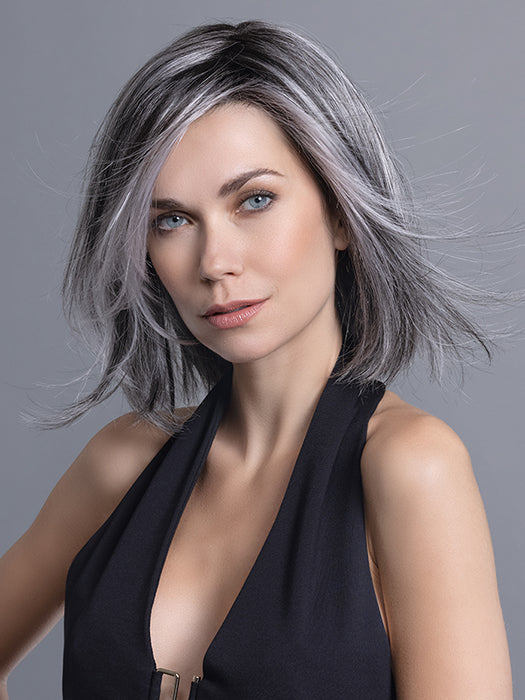 FLIRT by ELLEN WILLE in SALT/PEPPER ROOTED 39.44.60 | Darkest/Dark Brown and Pearl White blend and Grey Blend and Shaded Roots
