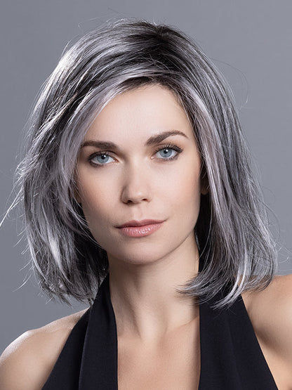 FLIRT by ELLEN WILLE in SALT/PEPPER ROOTED 39.44.60 | Darkest/Dark Brown base with Pearl White and Grey Blend and Shaded Roots