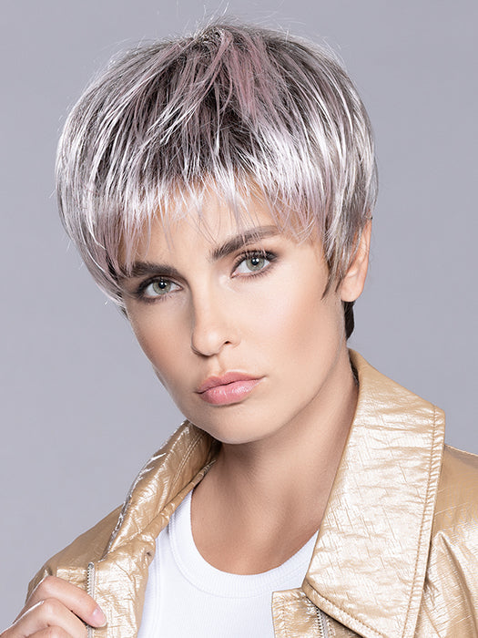 STOP HI TEC by ELLEN WILLE in METALLIC ROSE ROOTED | Pearl Platinum and Pure White with Darkest Brown and Rose Pink Blended throughout with Shaded Roots
