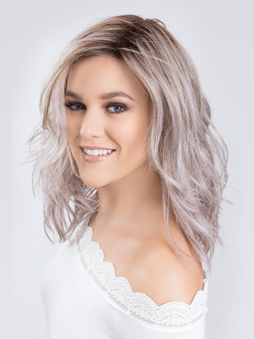 TABU by ELLEN WILLE in LAVENDER ROOTED | Medium Dark Brown Root, Blended into a Light Silver Smoke Tones, Blended with Various Shades of Purple with Dark Roots