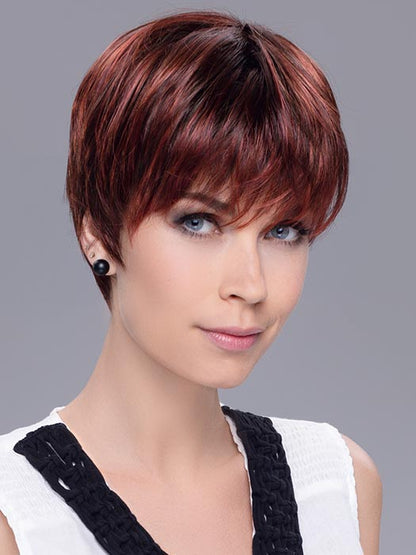 PIXIE by ELLEN WILLE in HOT FLAME ROOTED 132.133.6 | Bright Cherry Red and Dark Burgundy Mix with Dark Roots