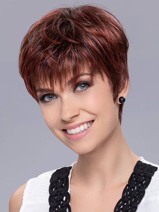 PIXIE by ELLEN WILLE in HOT FLAME ROOTED 132.133.6 | Bright Cherry Red and Dark Burgundy Mix with Dark Roots