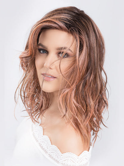 TABU by ELLEN WILLE in ROSEWOOD ROOTED | Medium Dark Brown Roots that Melt into a Mixture of Saddle Brown and Terra-Cotta Tones with Dark Roots